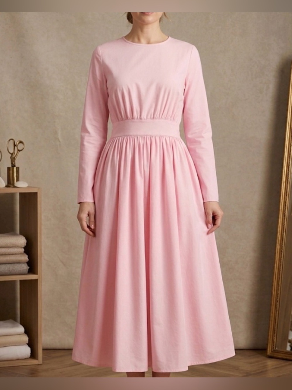 Classic Long-Sleeve Midi Dress in Light Pink